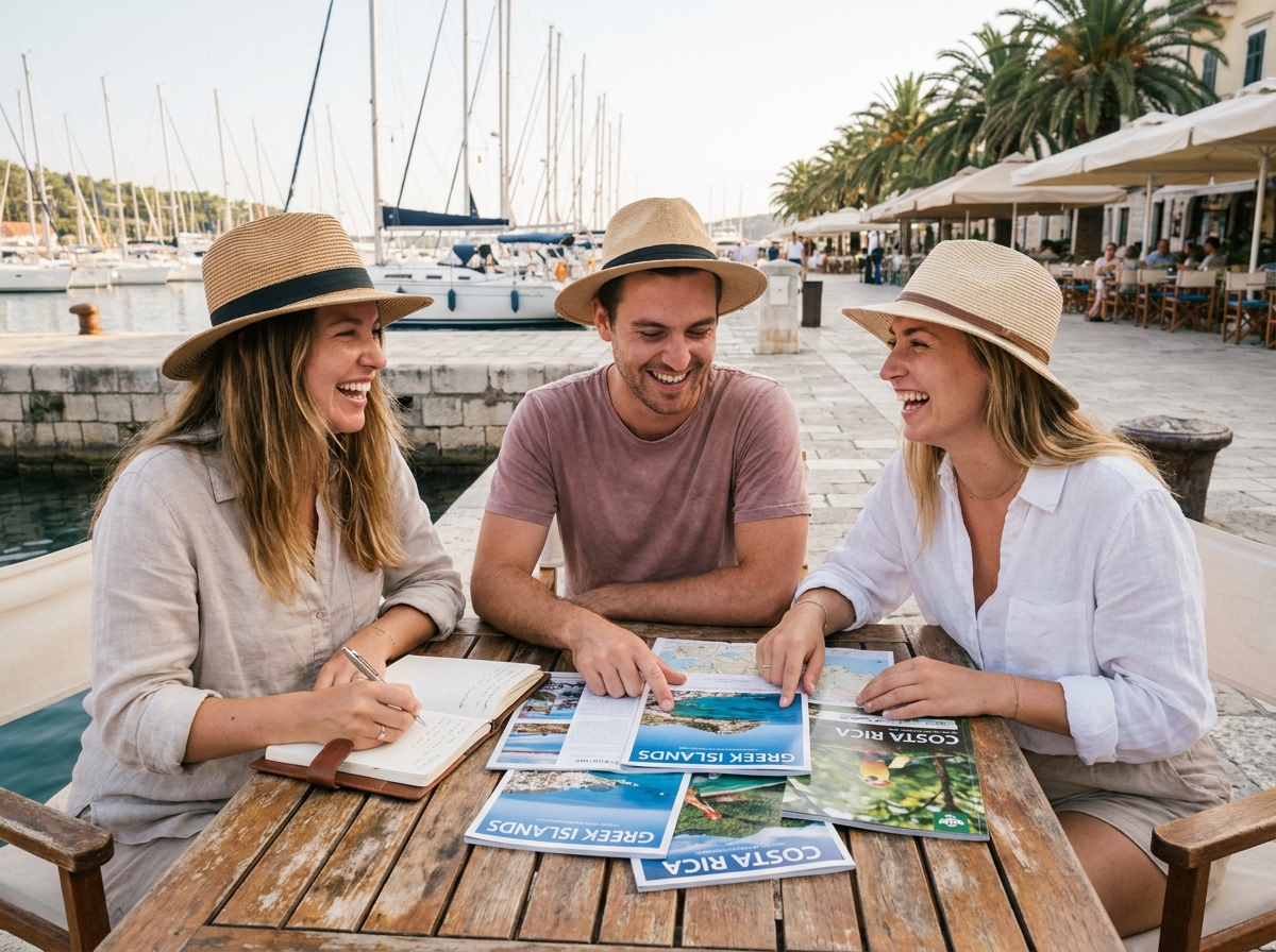 Groupe d amis planifiant un voyage au port