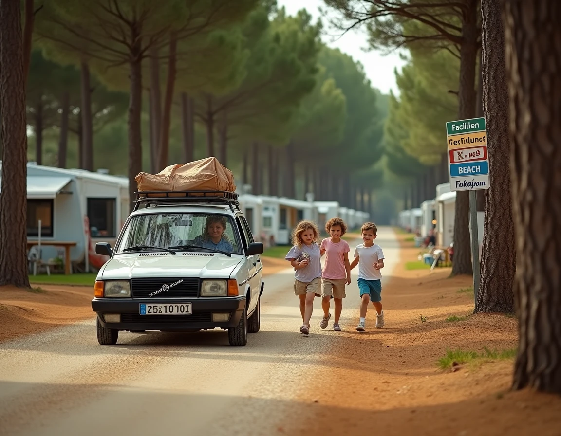 Famille arrivant en voiture dans un grand camping européen entouré de pins méditerranéens avec des panneaux de signalisation
