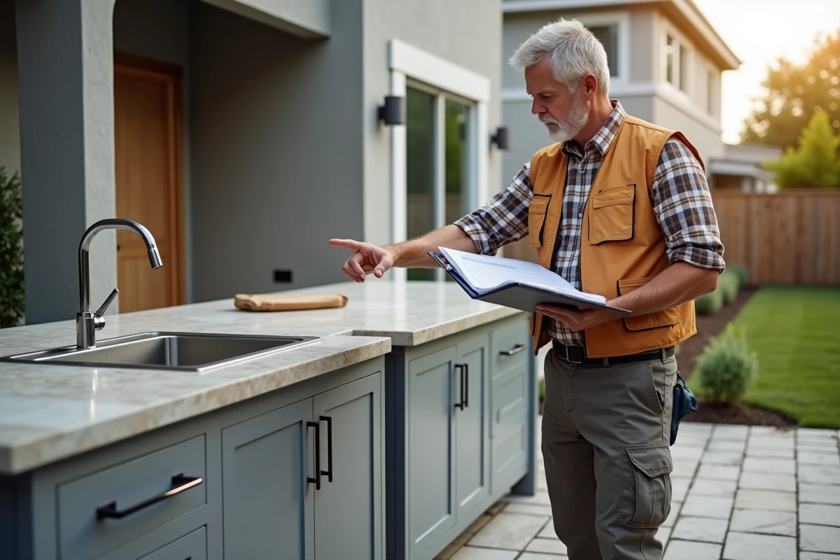 Artisan tenant un permis de construire devant une cuisine extérieure modulaire sur terrasse en pierre avec évier et meubles résistants aux intempéries