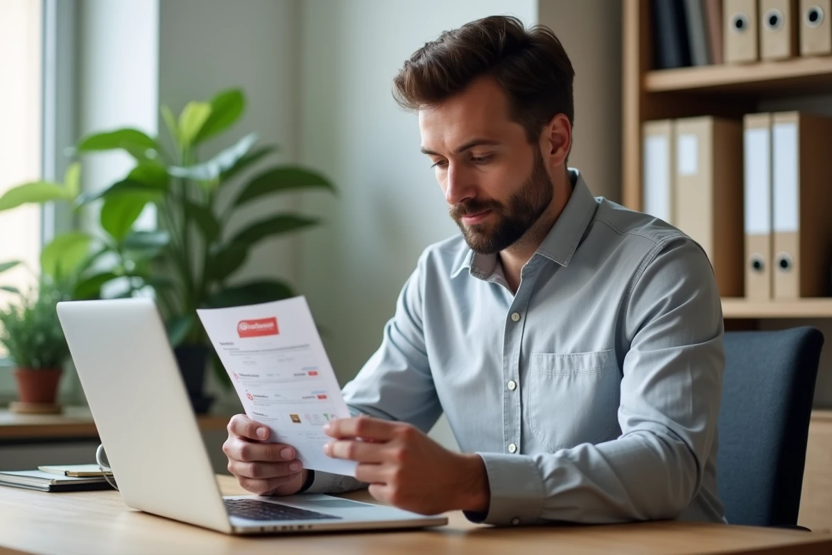 Homme consultant un avis de passage de lettre recommandée R2 à son bureau à domicile