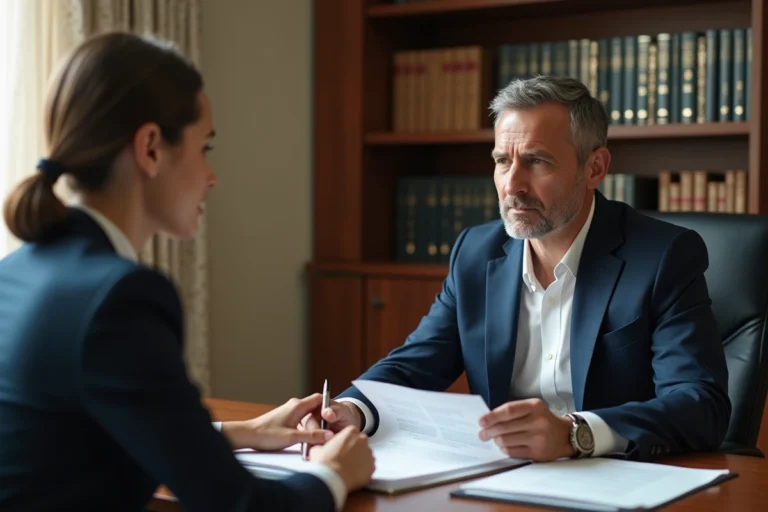 Avocat homme en costume bleu expliquant des documents à une femme