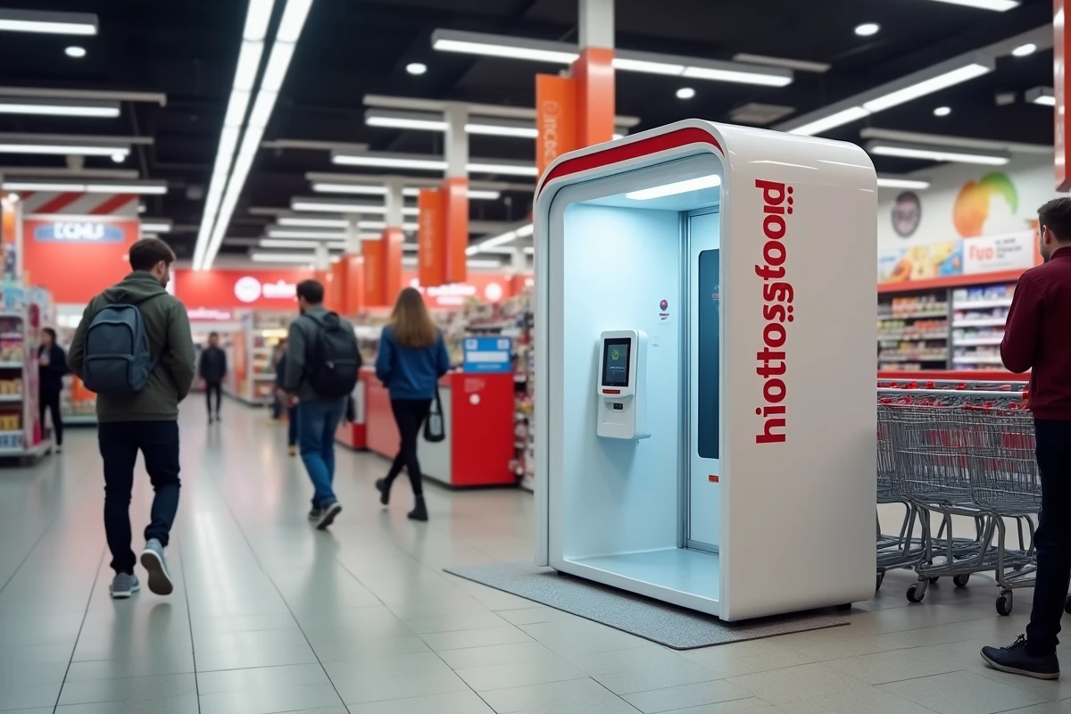 Borne photo libre-service dans un hypermarché Leclerc avec écran tactile et cabine intégrée