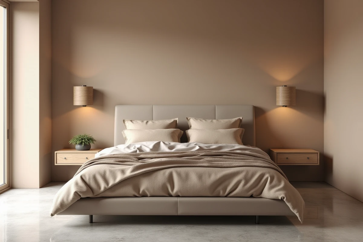 Grande chambre adulte avec peinture murale greige chaleureux, lit king-size en coton taupe et décoration épurée pour un environnement propice au sommeil