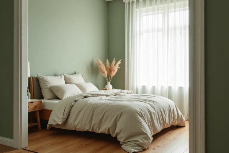 Chambre adulte apaisante peinte en vert sauge doux avec literie en lin ivoire et décoration minimaliste scandinave pour favoriser le sommeil