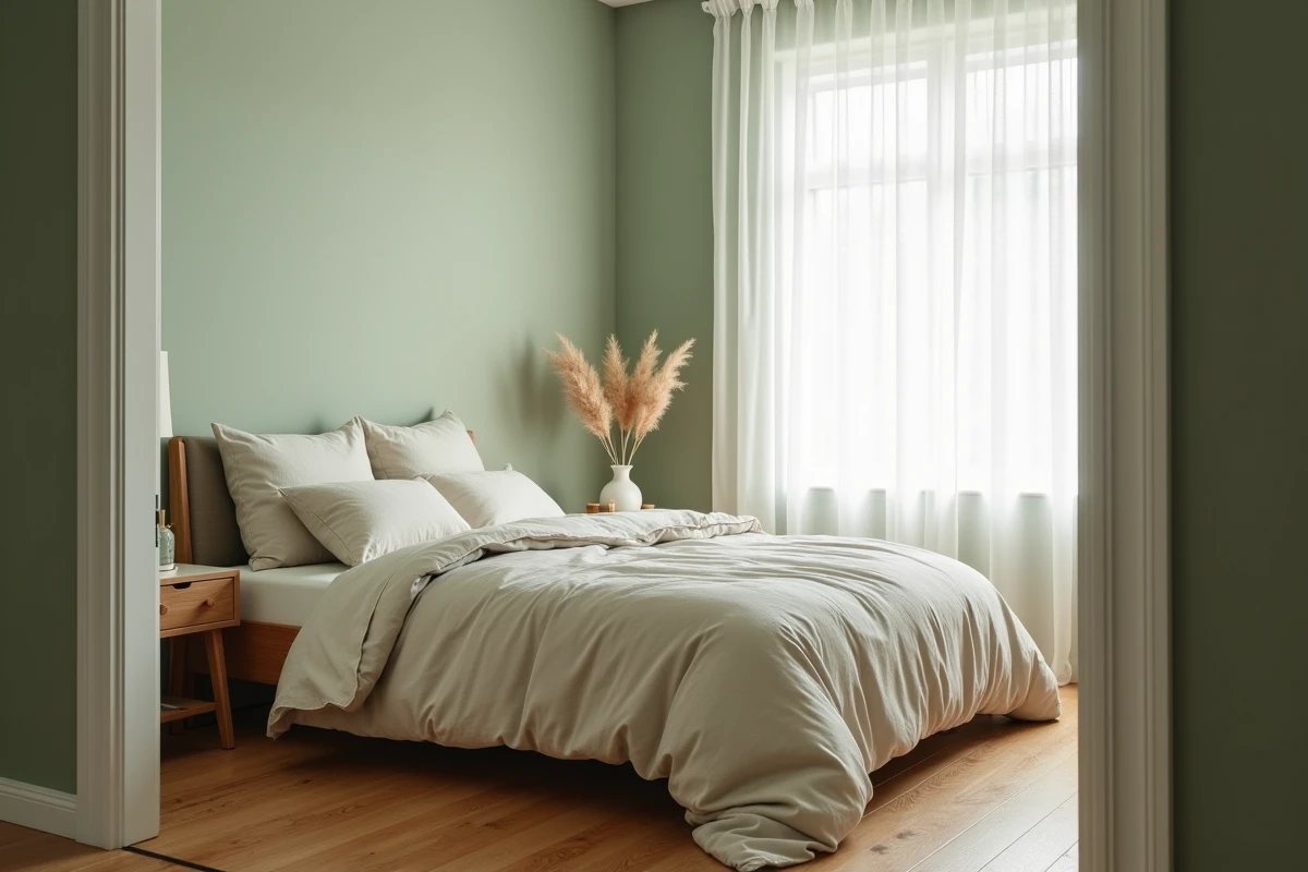 Chambre adulte apaisante peinte en vert sauge doux avec literie en lin ivoire et décoration minimaliste scandinave pour favoriser le sommeil