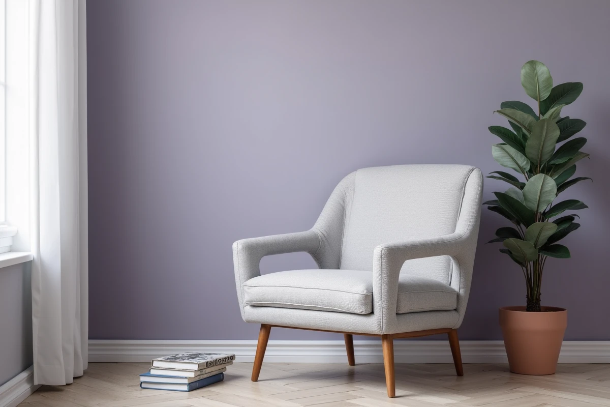 Nook de lecture dans une chambre adulte peinte en bleu lavande poussiéreux avec fauteuil en bouclé gris et plante eucalyptus pour une atmosphère reposante