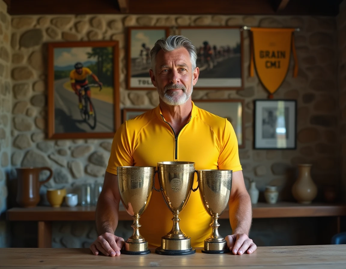 Ancien champion cycliste posant avec trois trophées représentant les victoires aux trois grands tours : Tour de France, Giro et Vuelta