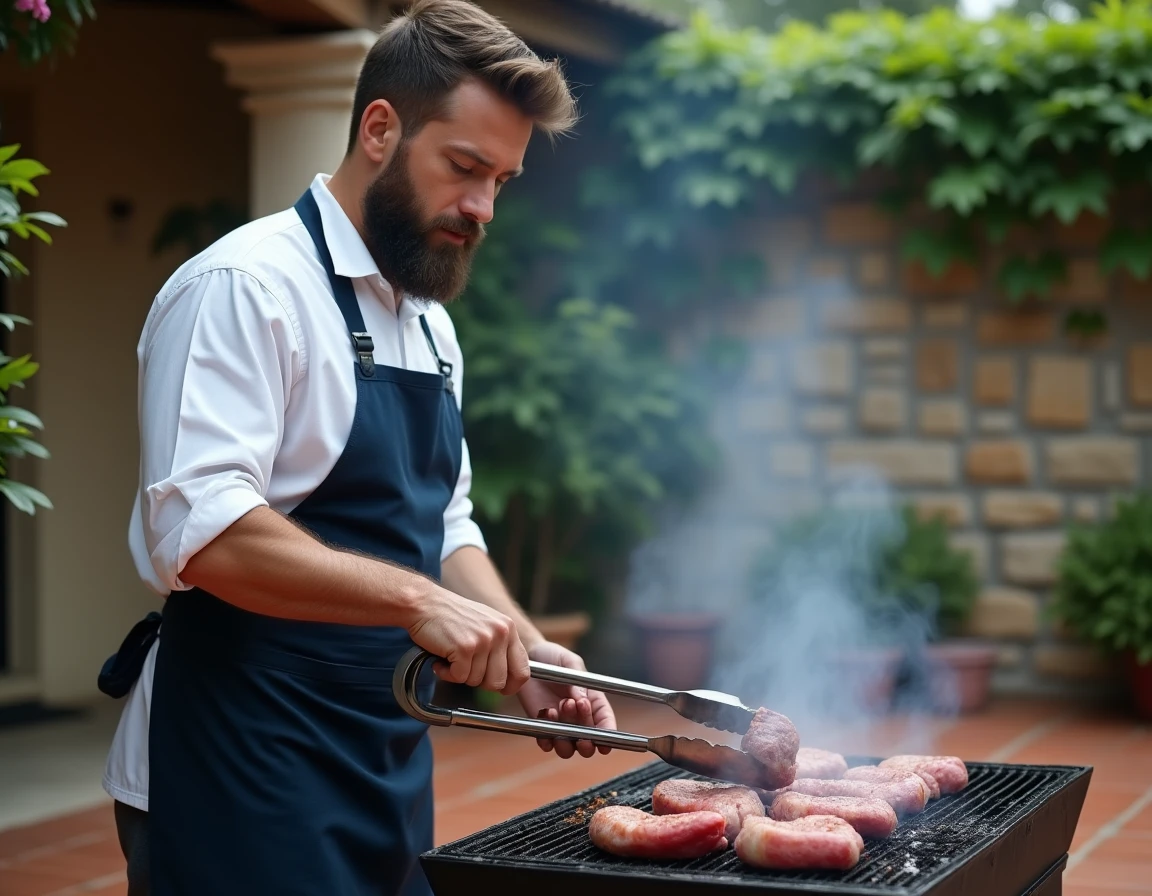 Chef barbu en tablier posant des abats de mouton sur un barbecue à charbon dans un jardin