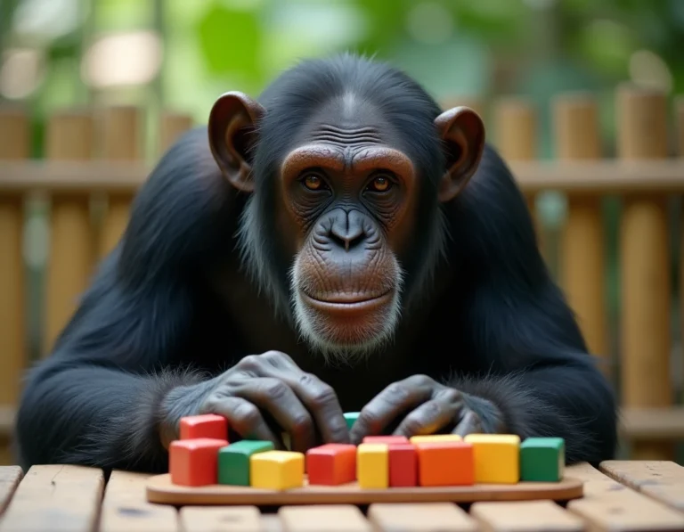 Chimpanzé manipulant des blocs de puzzle colorés dans un sanctuaire naturel, illustrant l'intelligence animale
