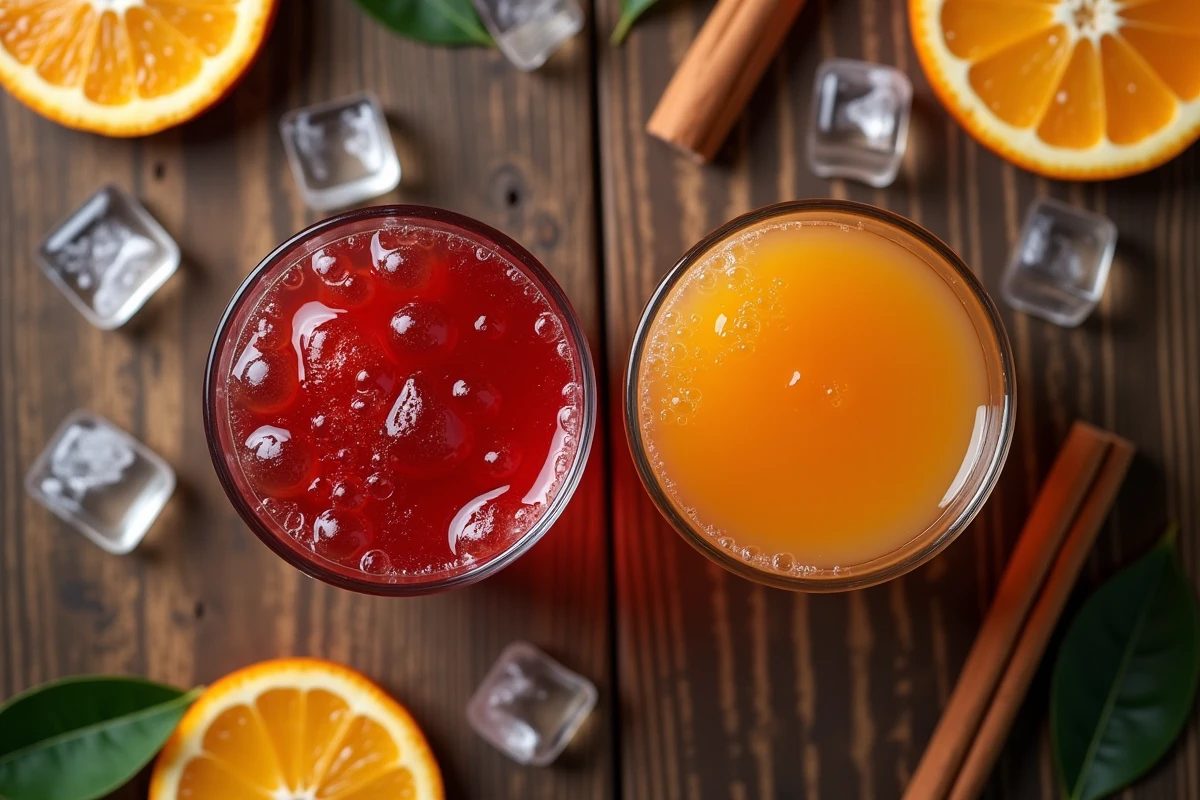 Vue de dessus comparant deux verres de punch à différents stades de conservation sur une table en bois