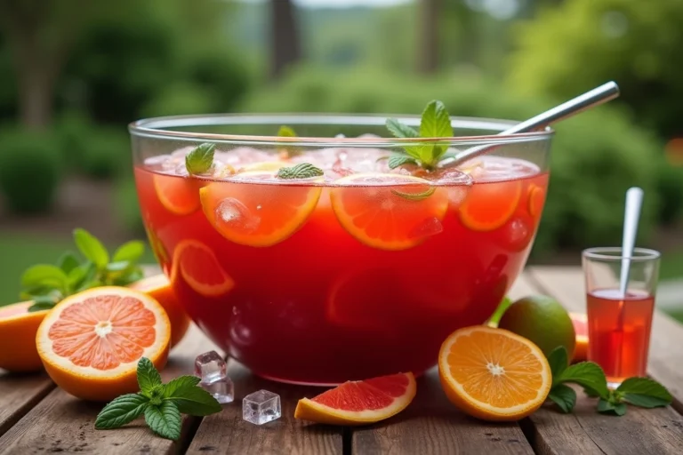 Grand bol de punch rouge tropical avec agrumes et menthe fraîche posé sur une table en bois en extérieur