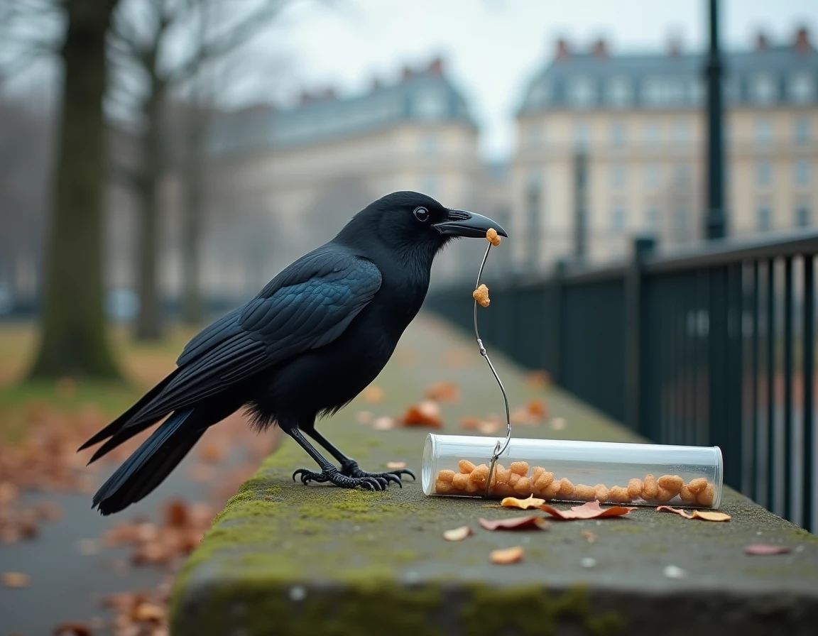 Corbeau sauvage utilisant un outil en fil de fer pour résoudre un problème alimentaire, démontrant son intelligence remarquable