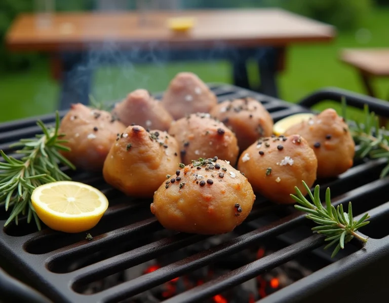 Couilles de mouton grillées sur barbecue avec herbes fraîches, citron et marques de gril