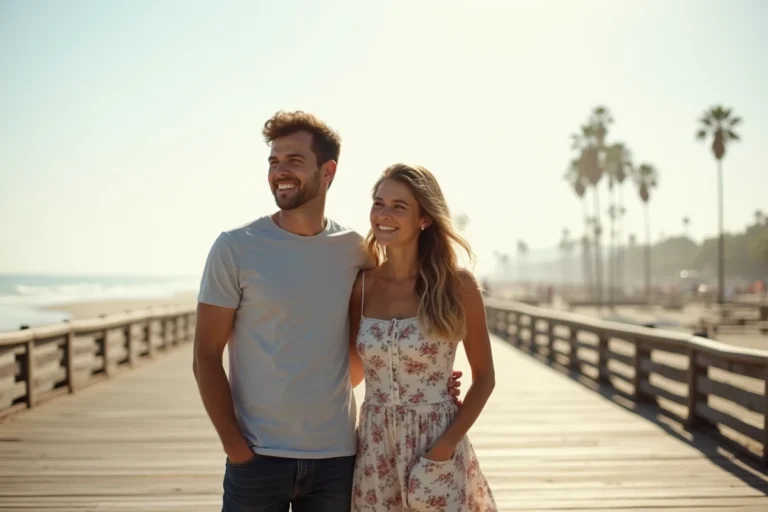 Couple sur la promenade d'une plage californienne, illustrant une relation romantique estivale décontractée