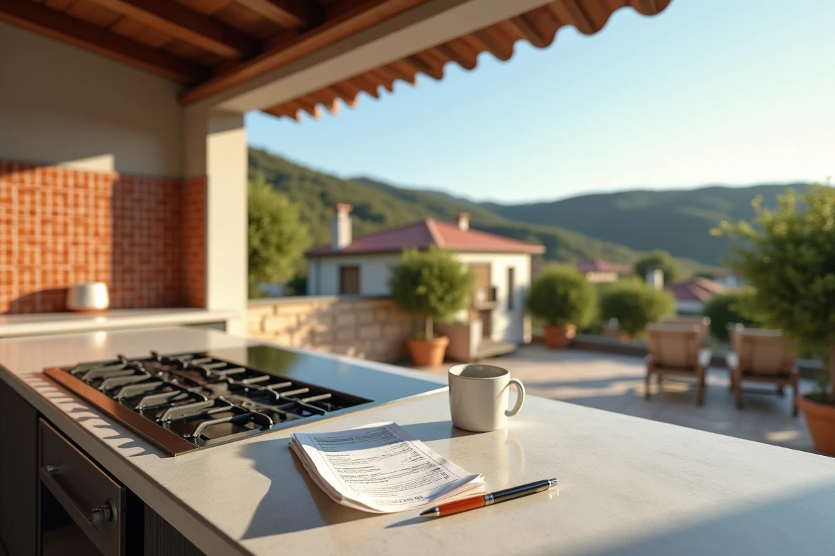 Cuisine extérieure haut de gamme avec planchas encastrée et avis de taxe foncière posé sur le plan de travail en béton, vue sur campagne provençale