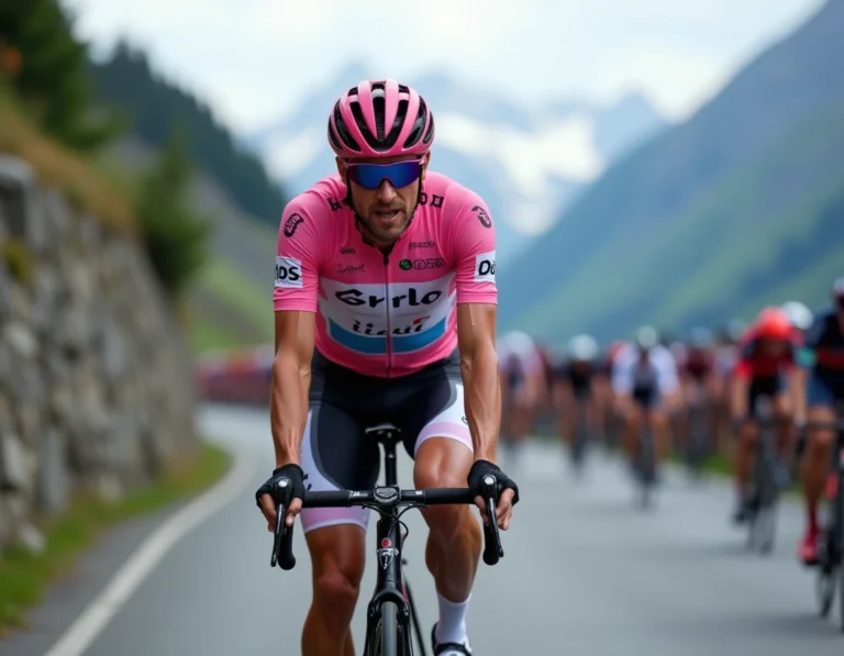 Cycliste professionnel portant le maillot rose du Tour d'Italie lors d'une ascension en montagne, évoquant les exploits des vainqueurs des grands tours cyclistes
