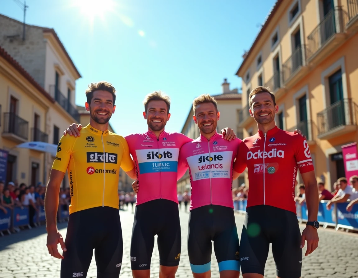Groupe de cyclistes professionnels en maillots de leaders des trois grands tours cyclistes réunis sur un podium espagnol ensoleillé