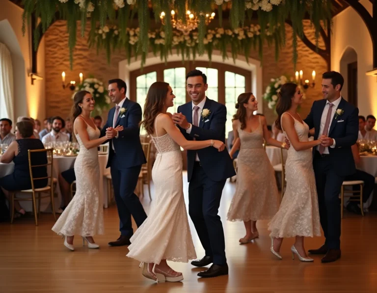 Invités de mariage dansant la Madison en ligne dans une salle de réception rustique décorée