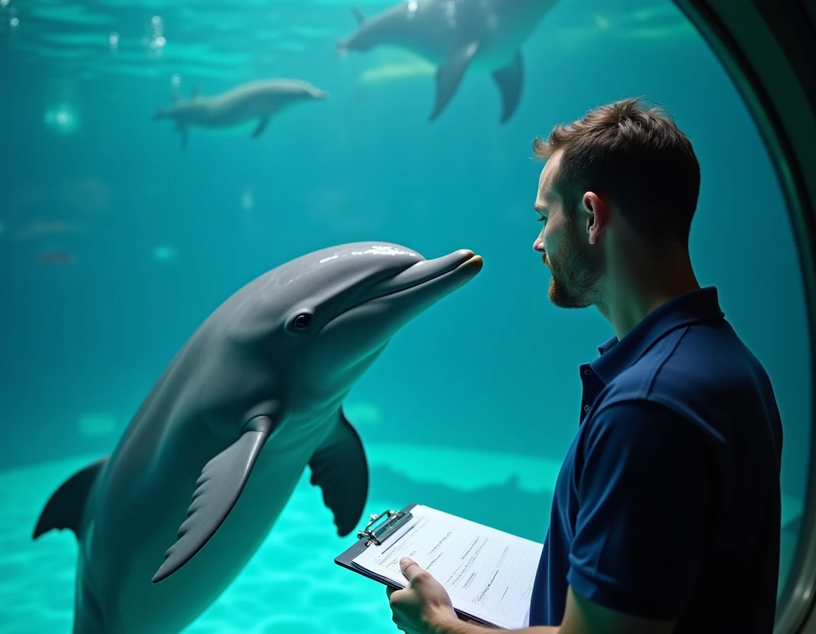 Dauphin émergeant de l'eau face à un chercheur en biologie marine dans un aquarium scientifique