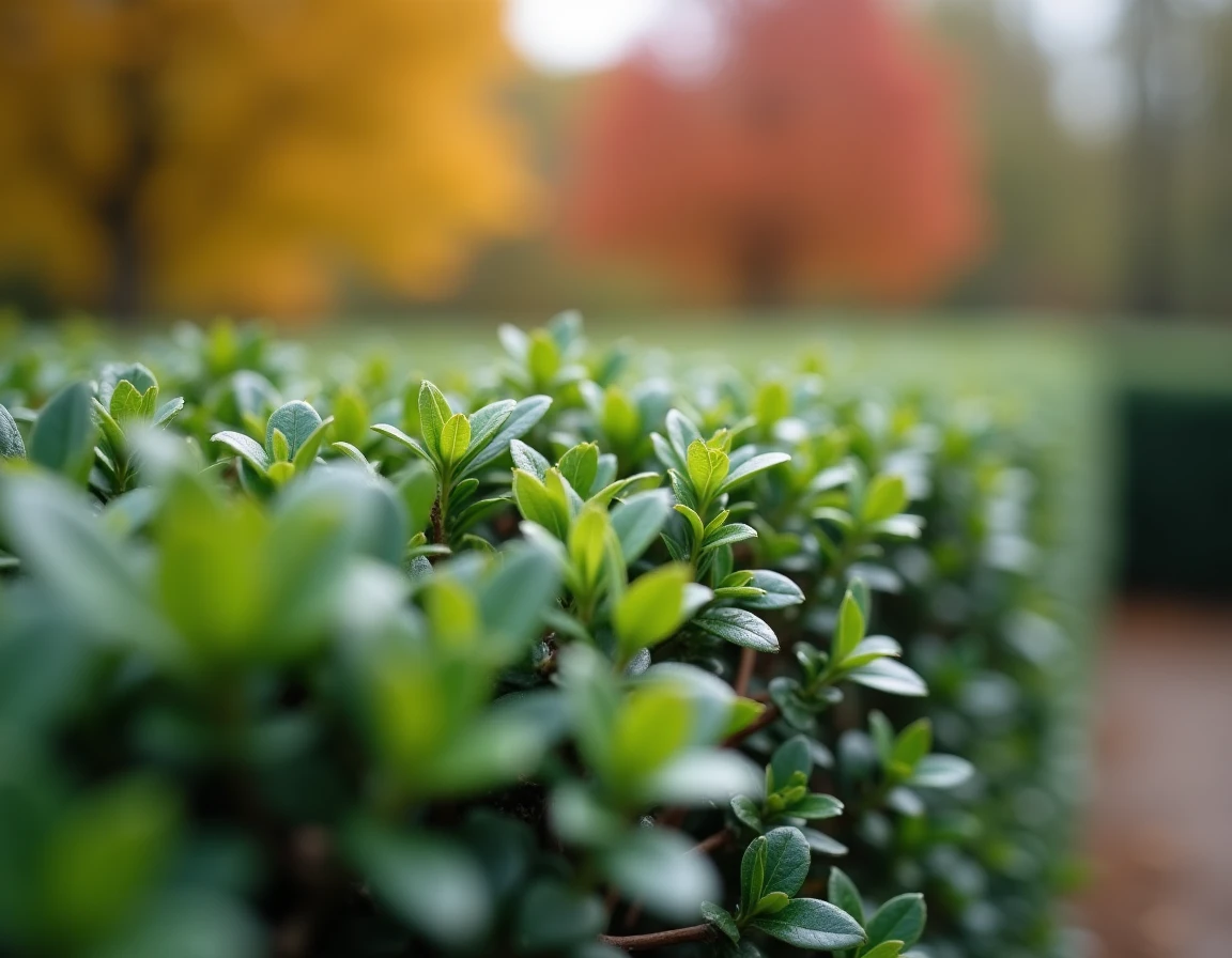 Détail en gros plan d'une haie de charme fraîchement taillée avec rosée matinale sur les feuilles
