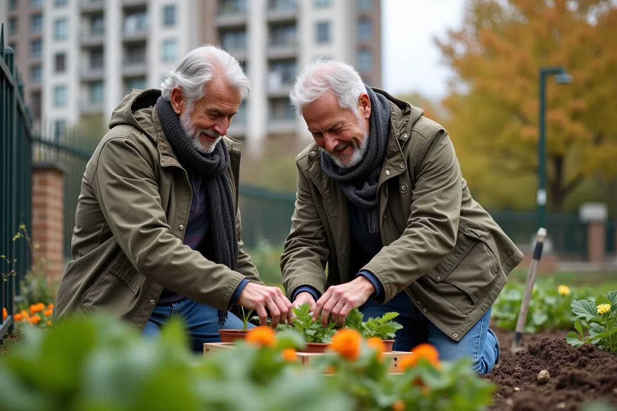 Deux seniors cultivent un jardin communautaire en ville