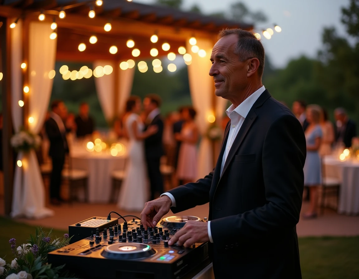 DJ de mariage en extérieur préparant une chanson Madison pour animer la piste de danse