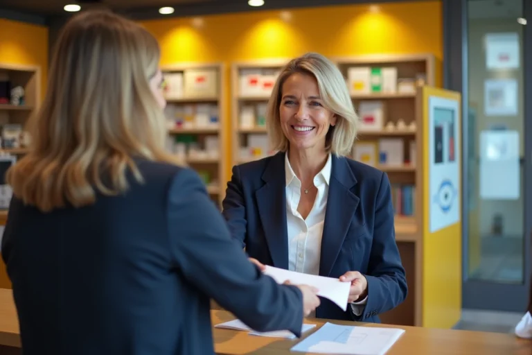 Femme envoyant une lettre recommandée R2 au guichet d'un bureau de La Poste en France