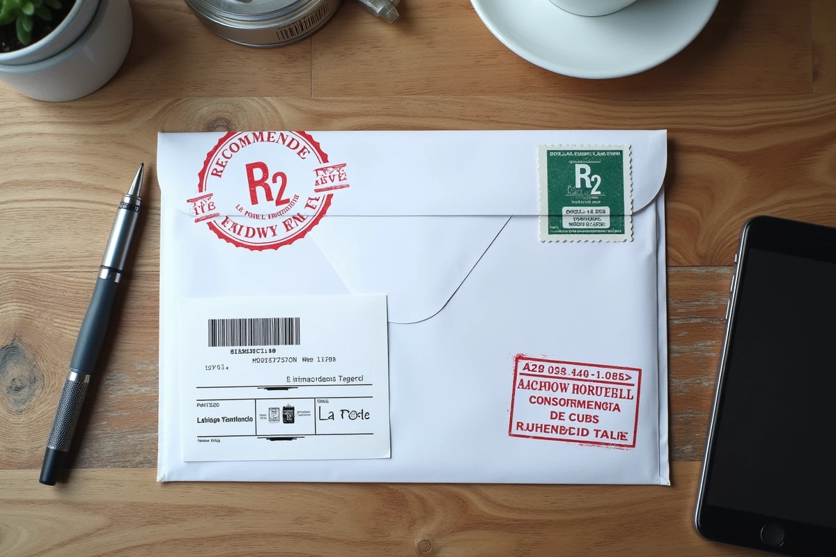 Gros plan d'une enveloppe avec étiquette recommandée R2 et accusé de réception sur une table en bois