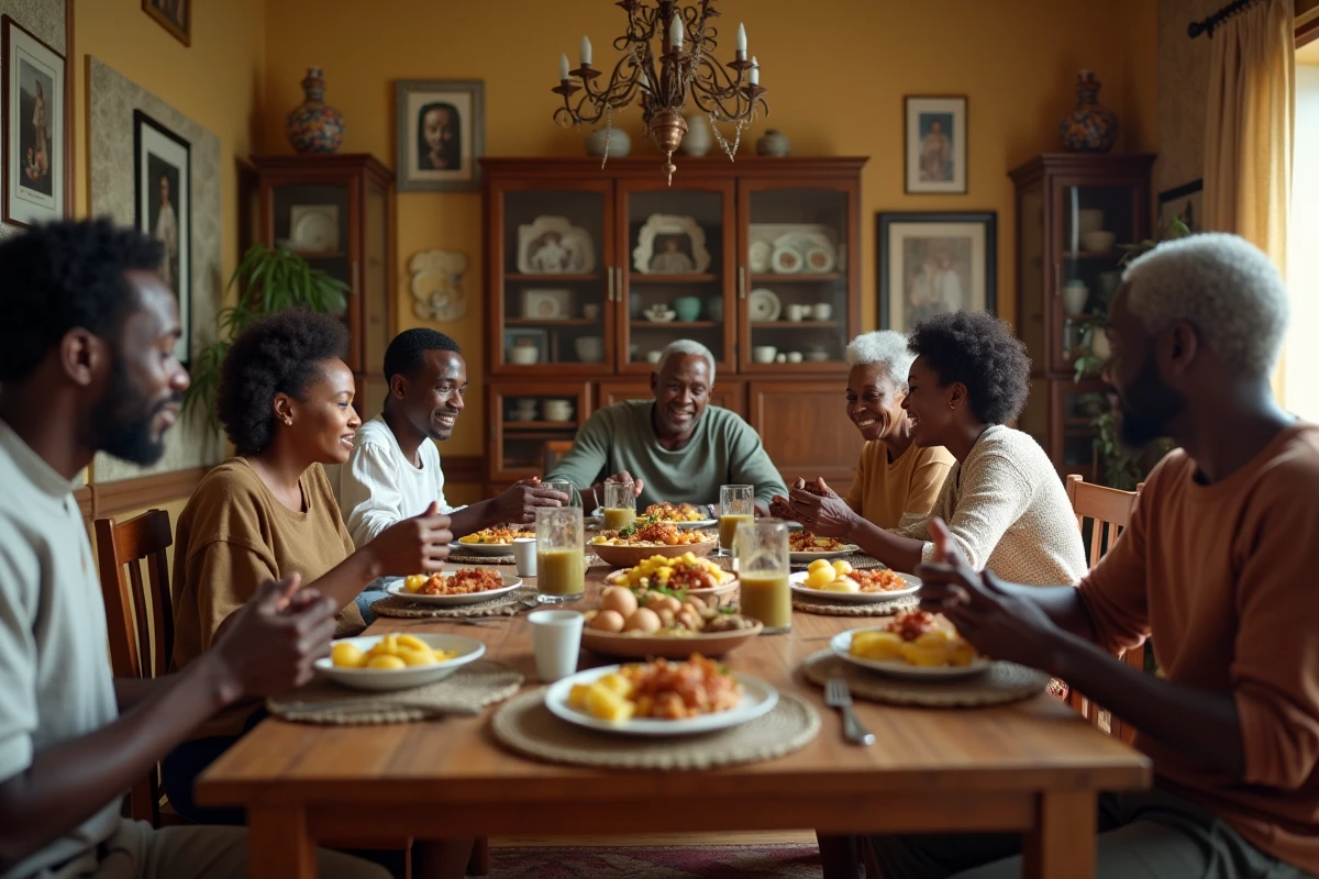 Famille africaine multigénérationnelle réunie autour d'un repas traditionnel dans un intérieur chaleureux