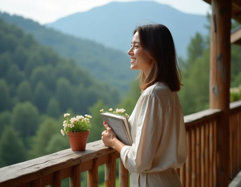 Femme souriante sur le balcon en bois d'un chalet de montagne avec vue sur la forêt, illustration d'hébergement en voyage