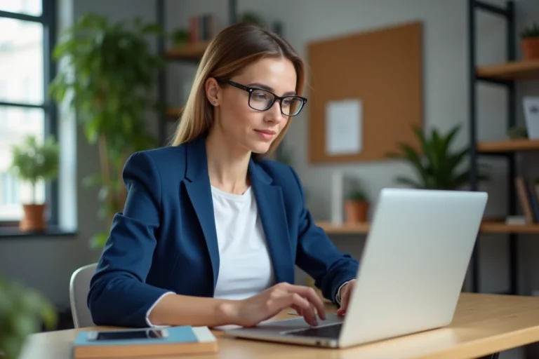 Femme en bureau moderne travaillant sur son ordinateur