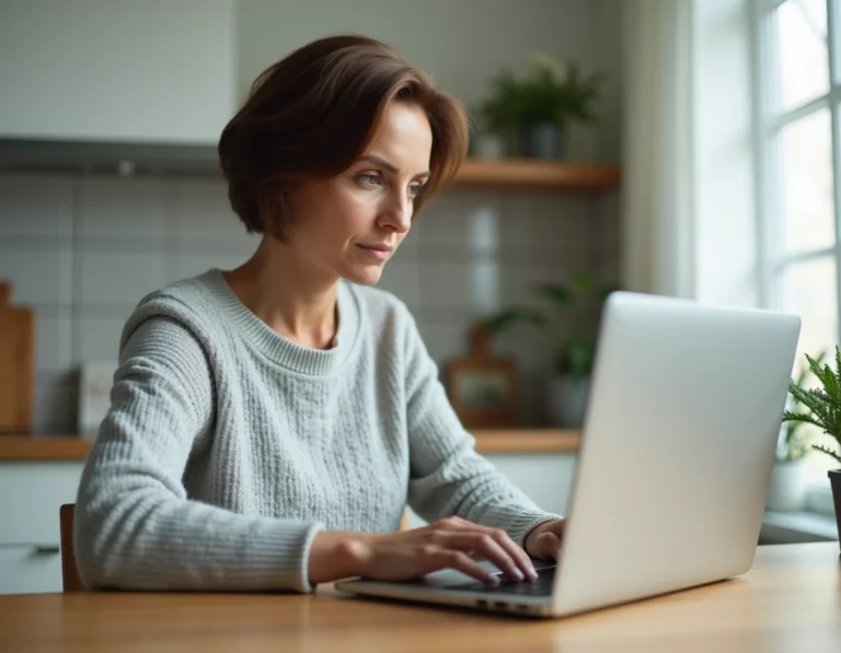 Femme consultant son compte CPF sur un ordinateur portable dans une cuisine moderne