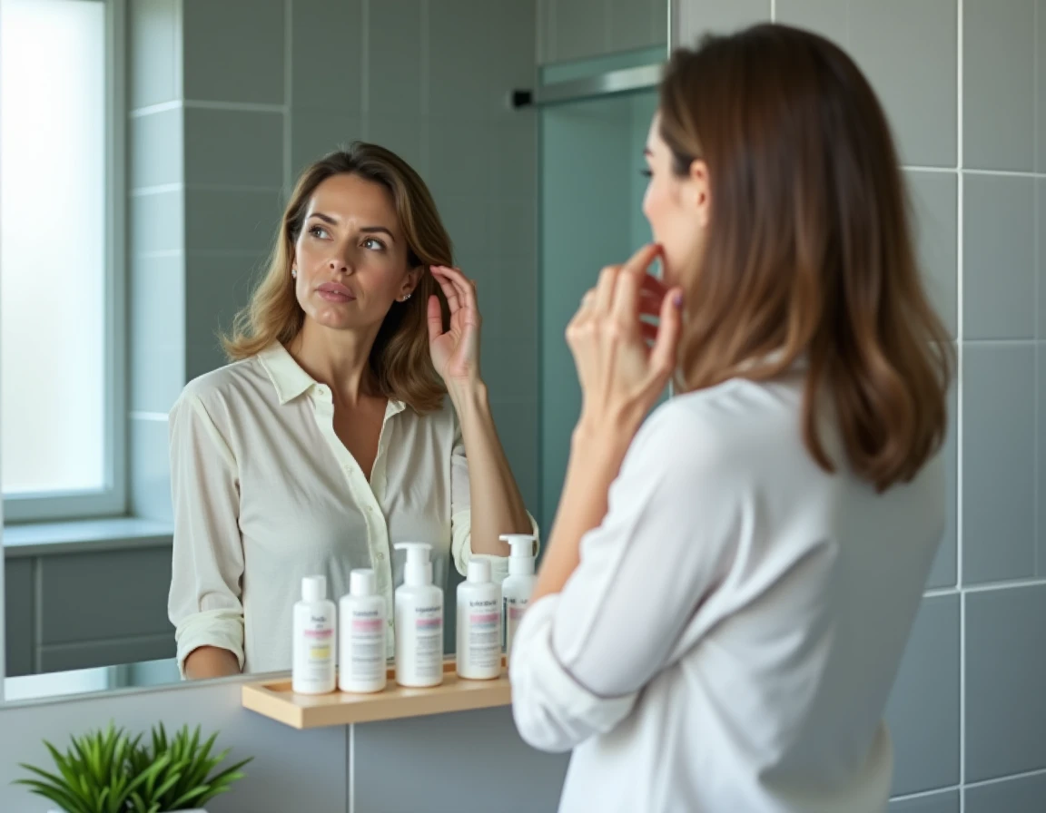 Femme évaluant la santé de ses cheveux devant un miroir avec des compléments capillaires