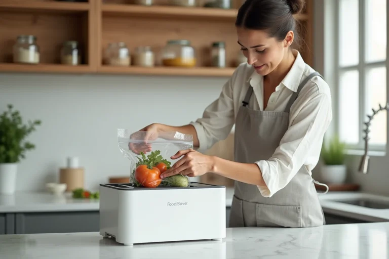 Femme utilisant le FoodSaver V2860 pour mettre sous vide des légumes frais dans une cuisine moderne