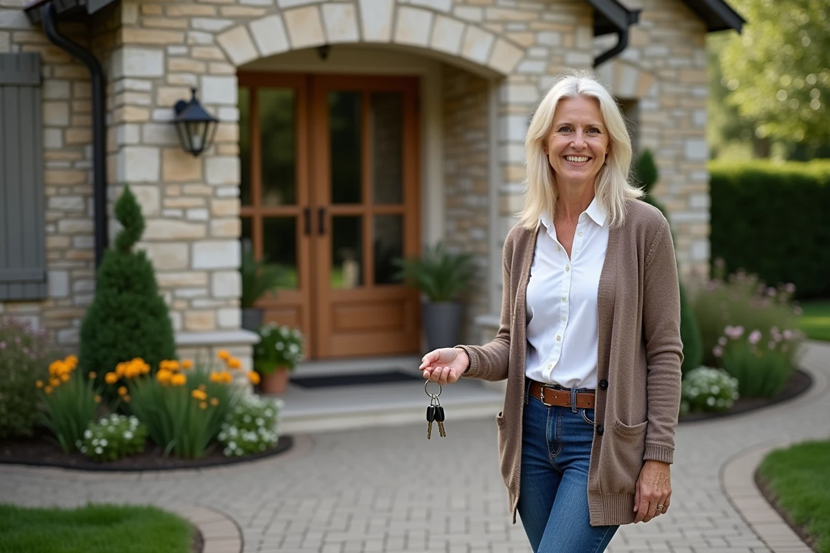 Femme souriante tenant des clés devant une maison rénovée en pierre