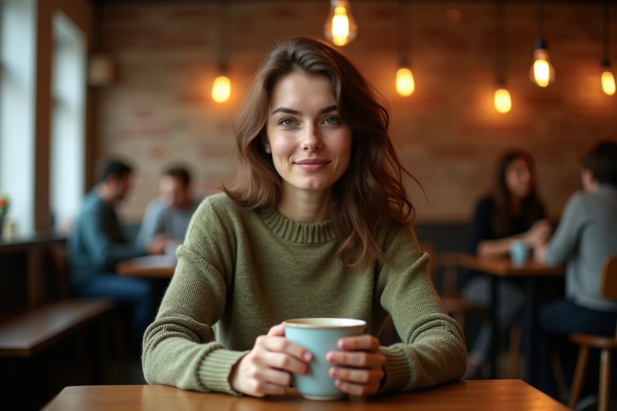 Jeune femme pensive dans un café chaleureux, symbolisant la réflexion sur une relation passée