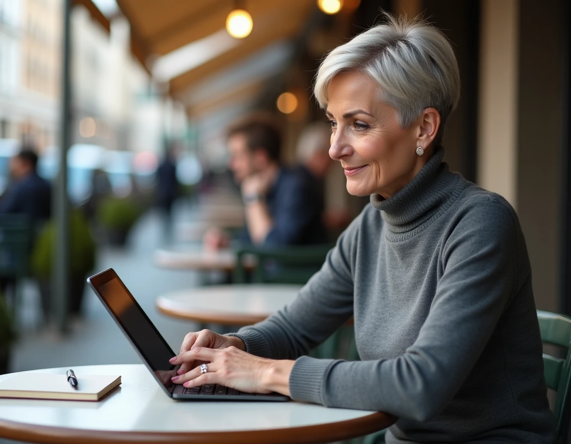 Femme active recherchant des opportunités de carrière sur une tablette en terrasse de café en ville