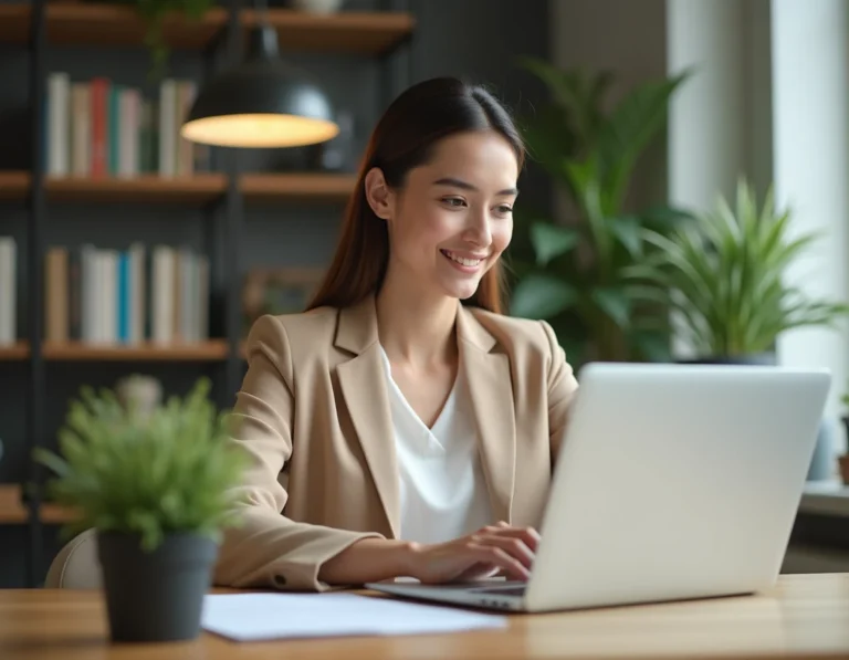 Femme professionnelle recherchant des offres d'emploi en ligne sur un ordinateur portable dans un bureau à domicile moderne
