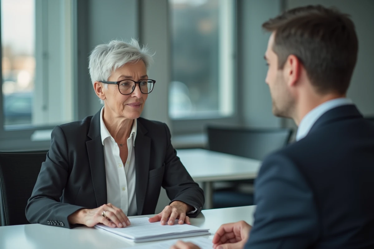 Femme senior en entretien avec un conseiller Pôle Emploi pour la dispense de recherche d'emploi