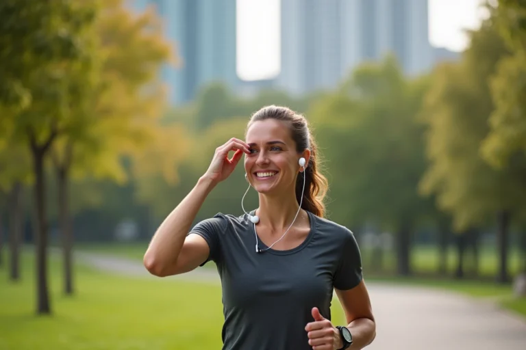 Femme sportive en plein air lors d'une course matinale dans un parc urbain