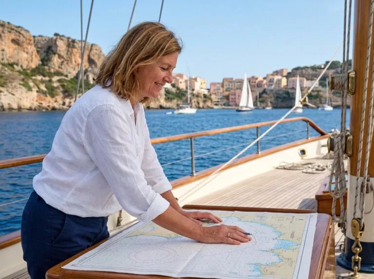 Femme souriante en yacht consultante une carte nautique