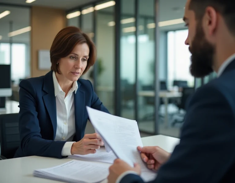 Une femme en entretien avec un conseiller emploi pour discuter de la fin d'un contrat CDD d'insertion dans une agence professionnelle