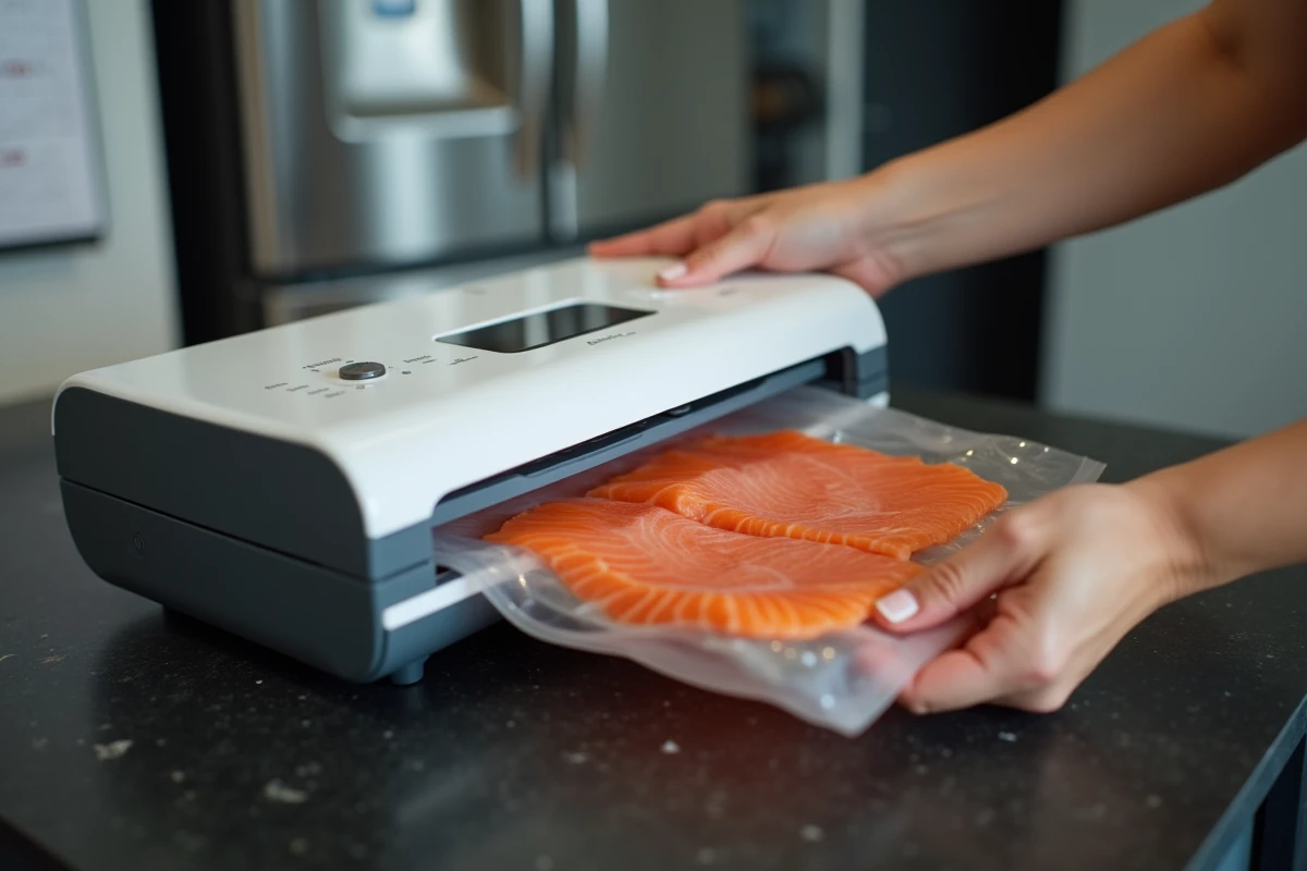 Gros plan sur le FoodSaver V2860 en fonctionnement lors de la mise sous vide de saumon frais