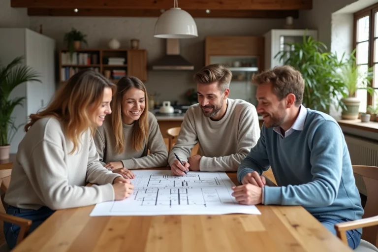 Groupe de quatre adultes étudient des plans architecturaux dans un salon lumineux