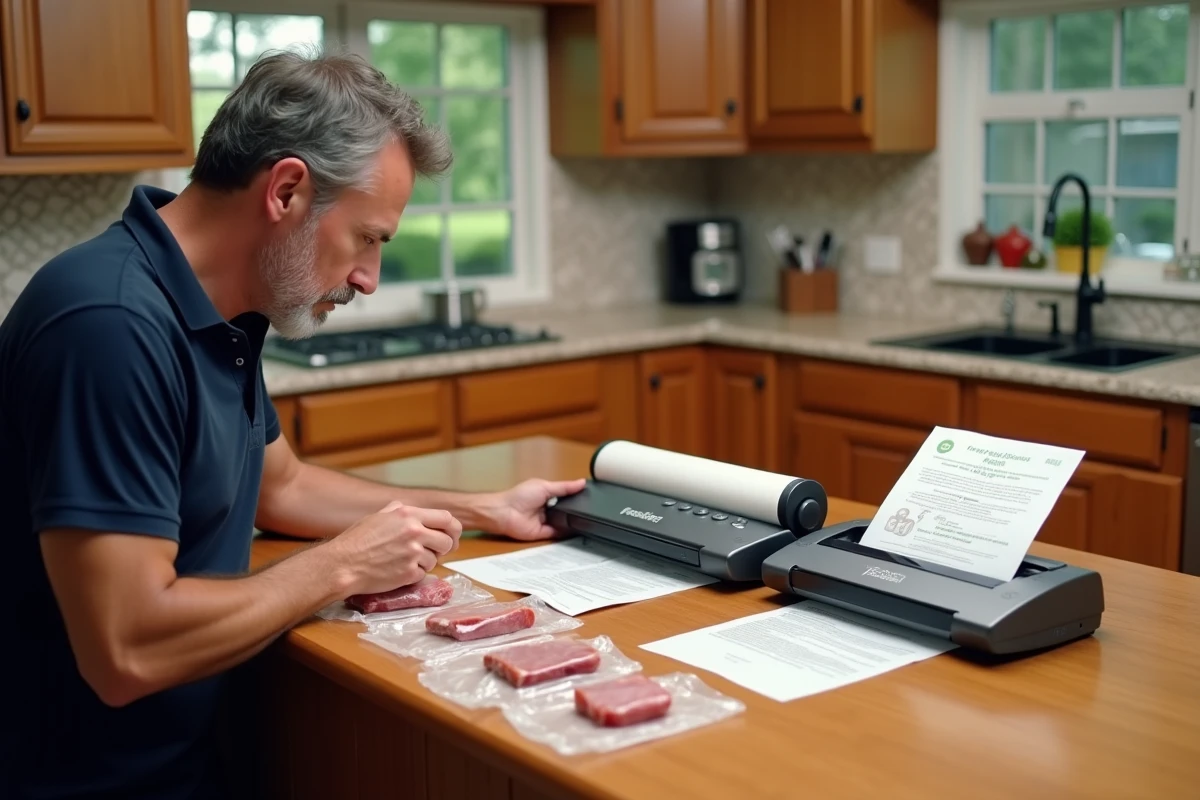 Homme consultant le mode d'emploi du FoodSaver V2860 à côté de sachets alimentaires sous vide