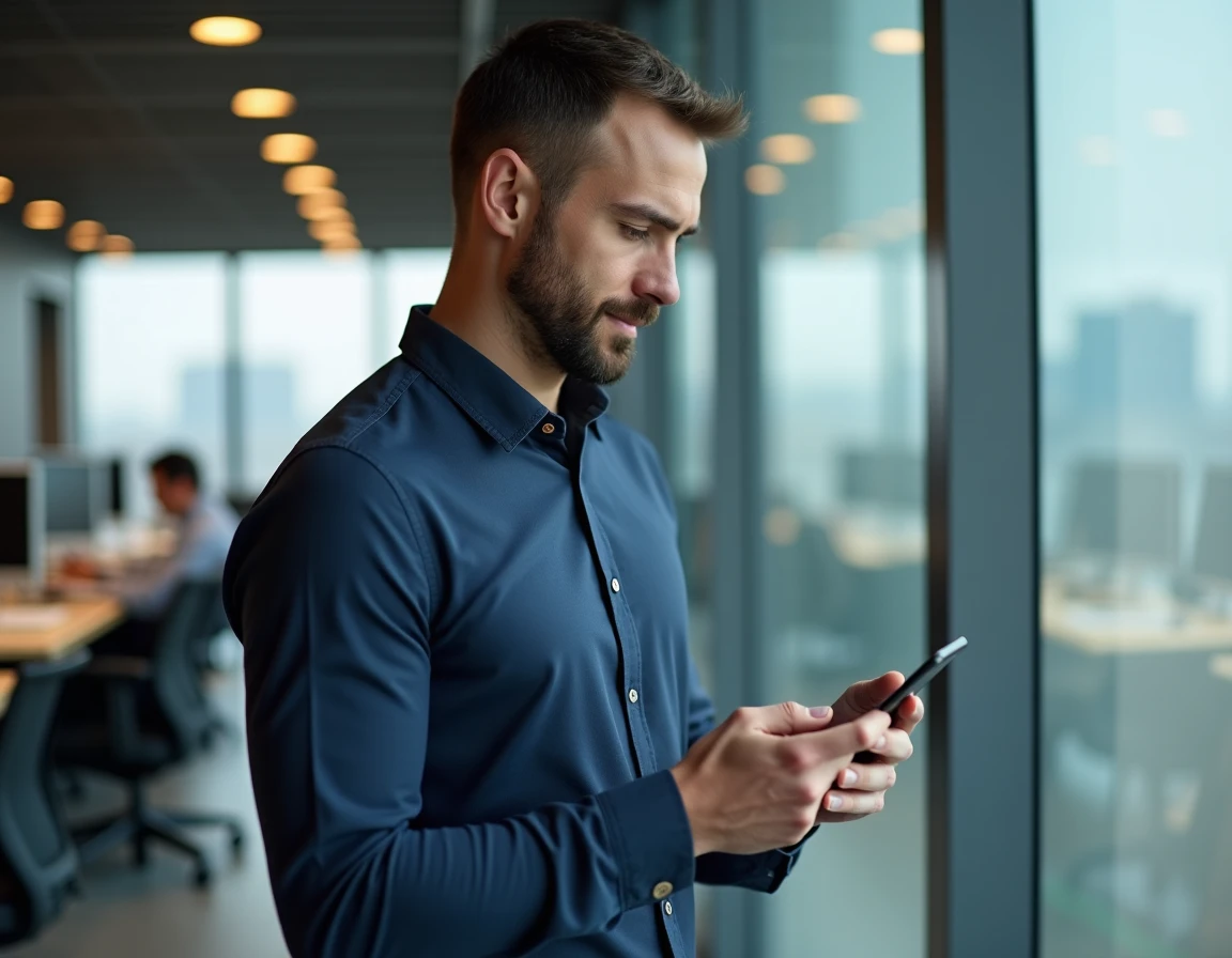 Homme consultant son numéro CPF sur smartphone dans un bureau professionnel