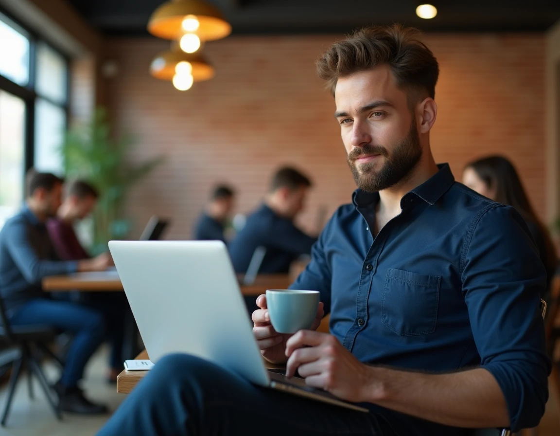 Jeune homme consultant des offres d'emploi sur ordinateur dans un espace de coworking moderne et animé
