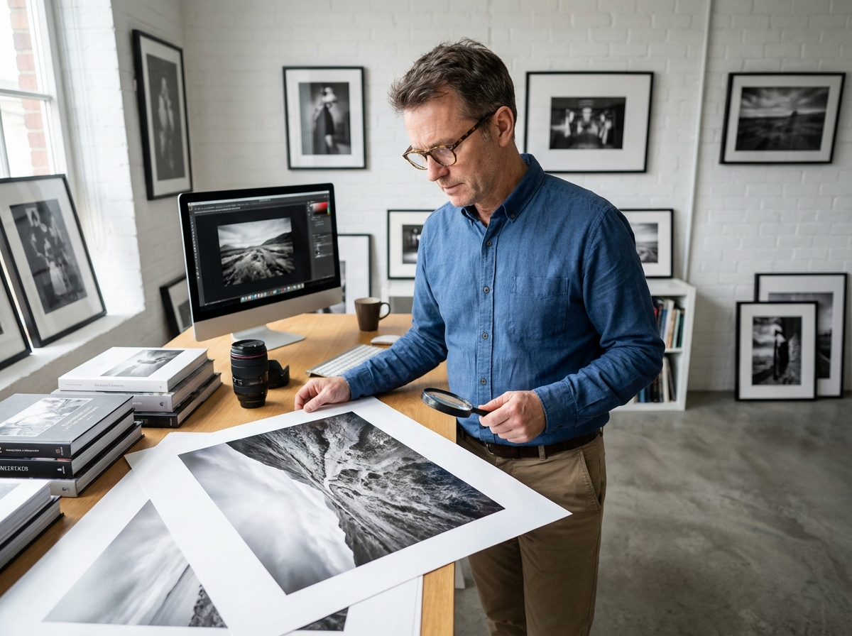 Homme examinant une photo dans un studio professionnel