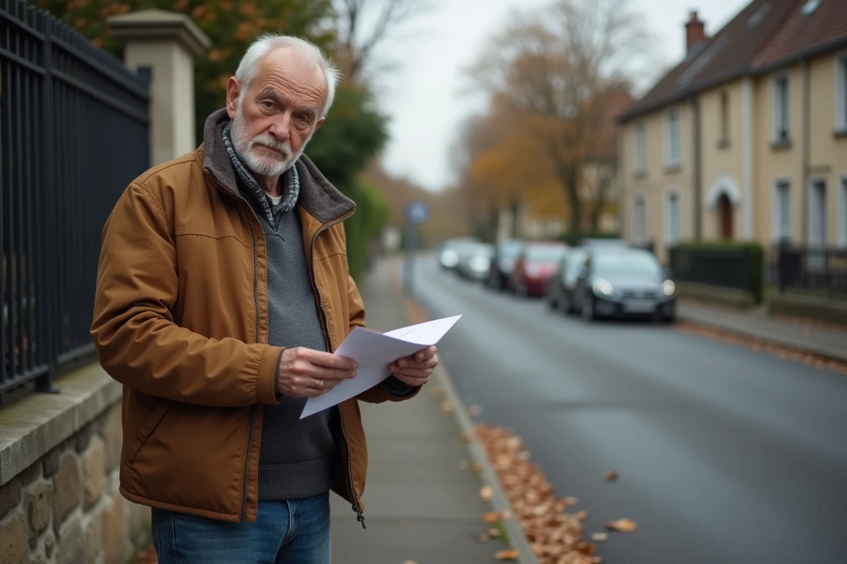 Homme senior tenant une enveloppe administrative concernant ses droits au chômage dans une rue française