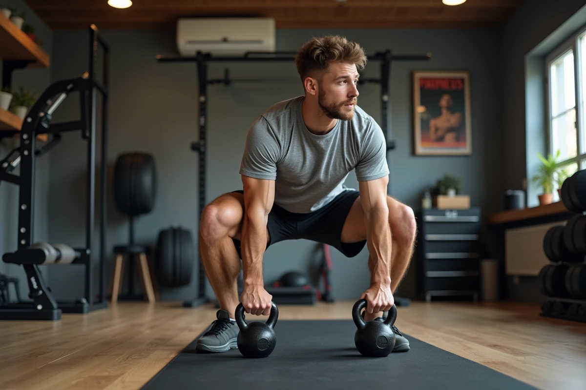 Jeune homme en squat avec kettlebell dans une salle de sport à domicile